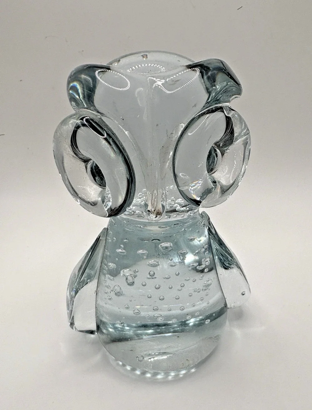 Retro Artisan Clear Blown Art Glass Owl Big Eyes Bubbles 5.5